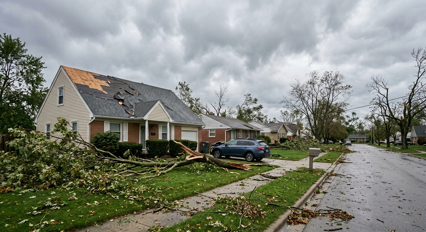 a residential street in the American Midwest showing recent storm damage, featuring a suburban home with missing roof shingles and large fallen tree branches sc