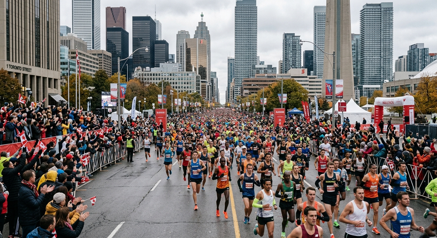 a large crowd of marathon runners jogging down a wide urban avenue lined with tall skyscrapers and cheering spectators, overcast autumn morning, natural everyda