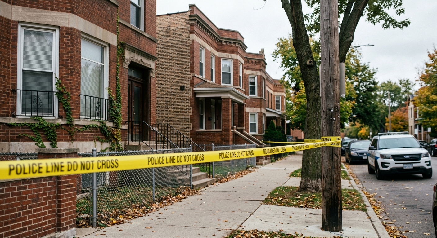 yellow police tape cordoning off a section of a sidewalk in front of older residential brick two-flat buildings in an urban neighborhood, a generic police vehic