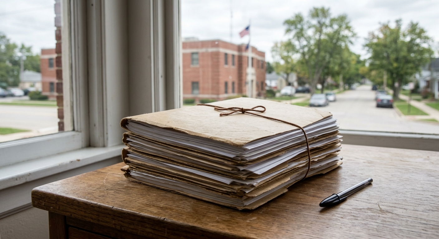 a thick stack of manila folders and plain paper documents sitting on a wooden desk next to a black pen, with an out-of-focus view through an office window showi