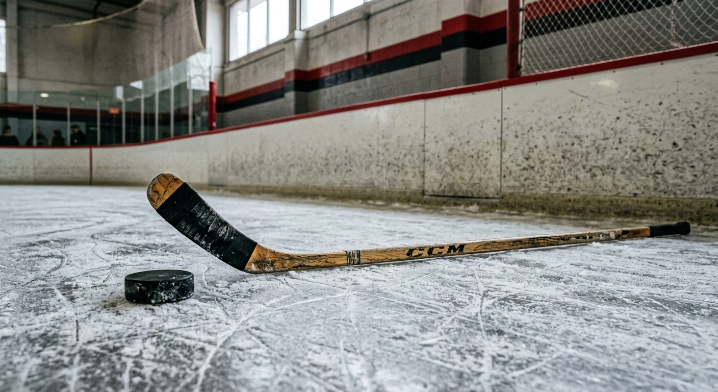a worn hockey stick and a black hockey puck resting on heavily scratched ice near the boards of an indoor ice rink, red and black painted accents on the arena w