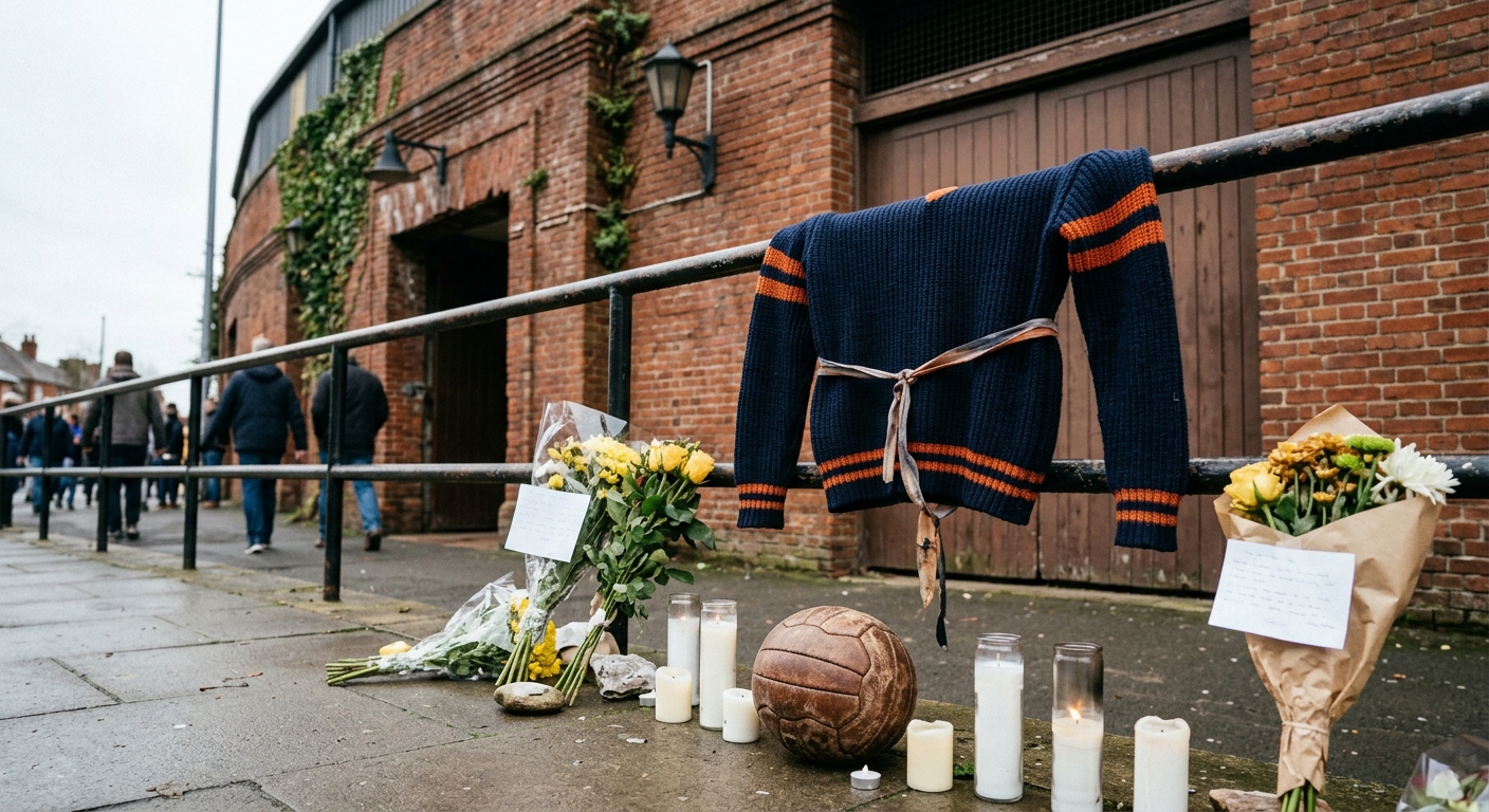 a makeshift memorial outside a classic brick sports stadium featuring a vintage leather football, unlit candles, and a heavy navy blue and orange knit sweater d
