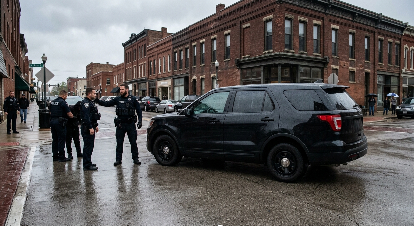 a dark unmarked sport utility vehicle parked at a sharp angle on a wet urban street lined with classic midwestern brick buildings, a tense law enforcement scene
