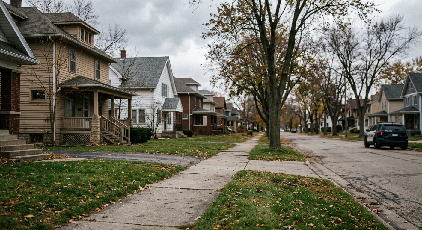 an empty sidewalk in a Midwestern residential neighborhood lined with older homes, an out-of-focus police vehicle parked in the background under a somber overca