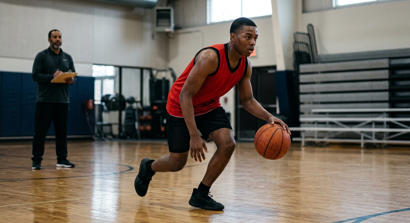 a young male basketball player in a plain red and black practice uniform, intently dribbling a basketball on an indoor hardwood practice court, a coach observin
