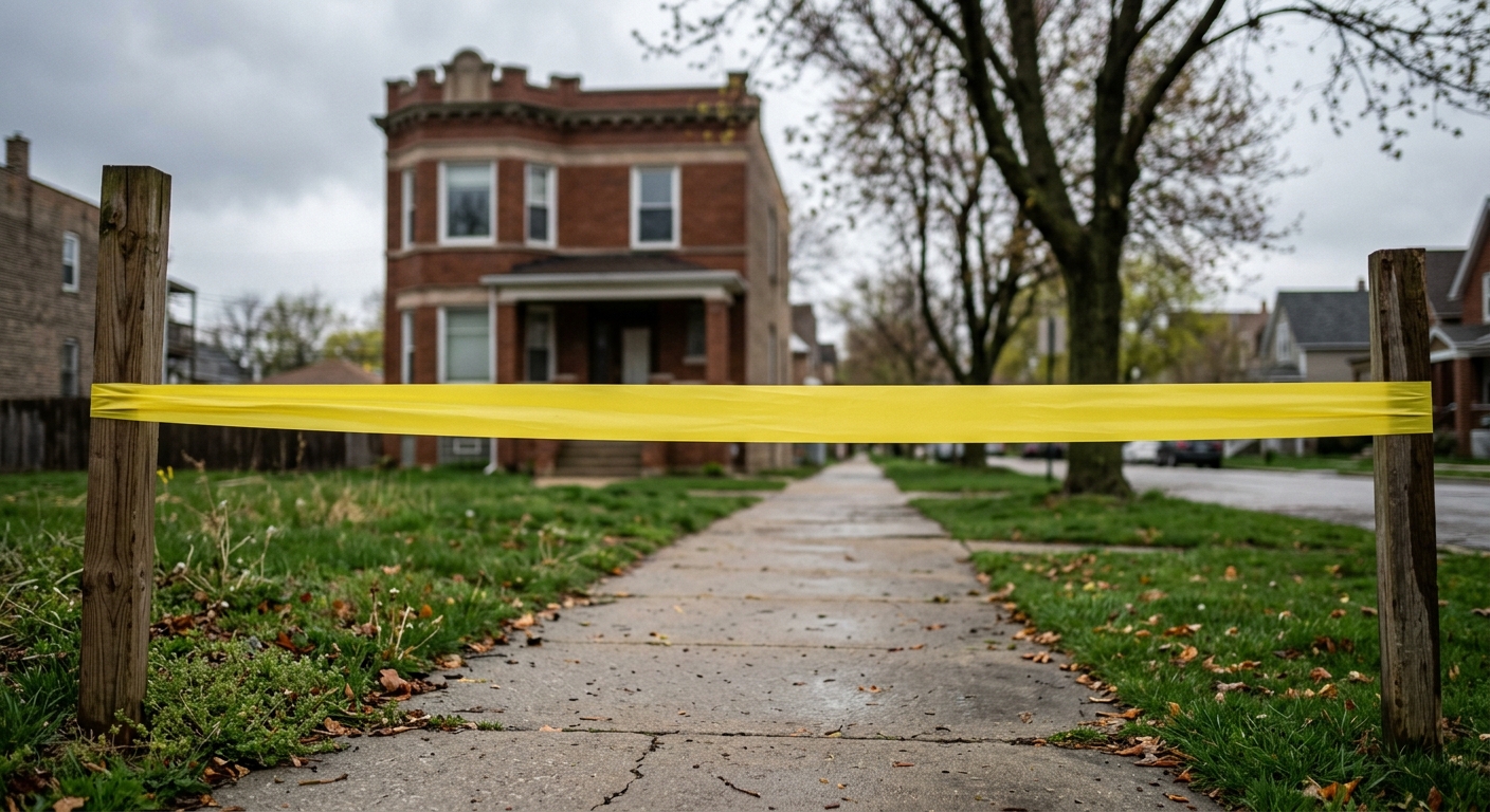 blank yellow barrier tape stretched across a residential sidewalk, with a softly out-of-focus classic Chicago-style brick residential home in the background, an
