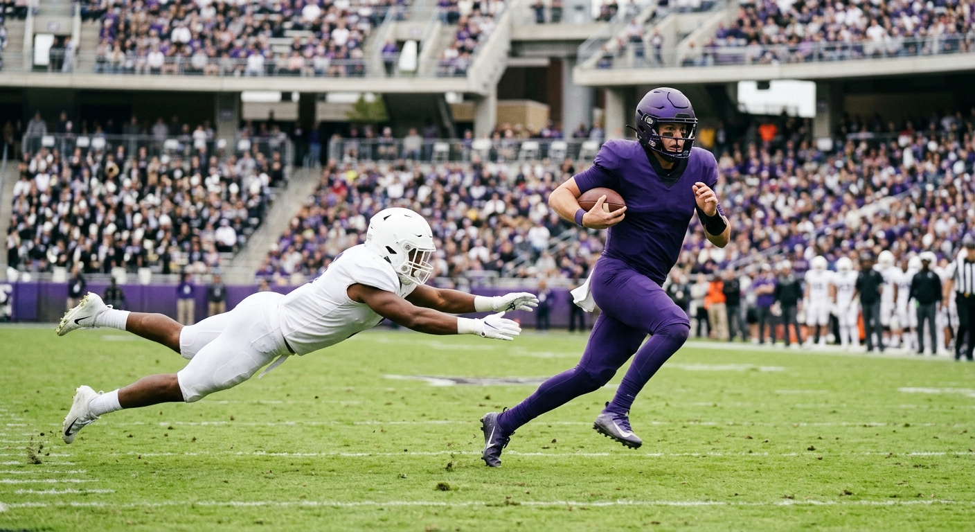 a college football quarterback in a purple uniform scrambling out of the pocket on a green grass field during an afternoon game, an opposing defensive player in