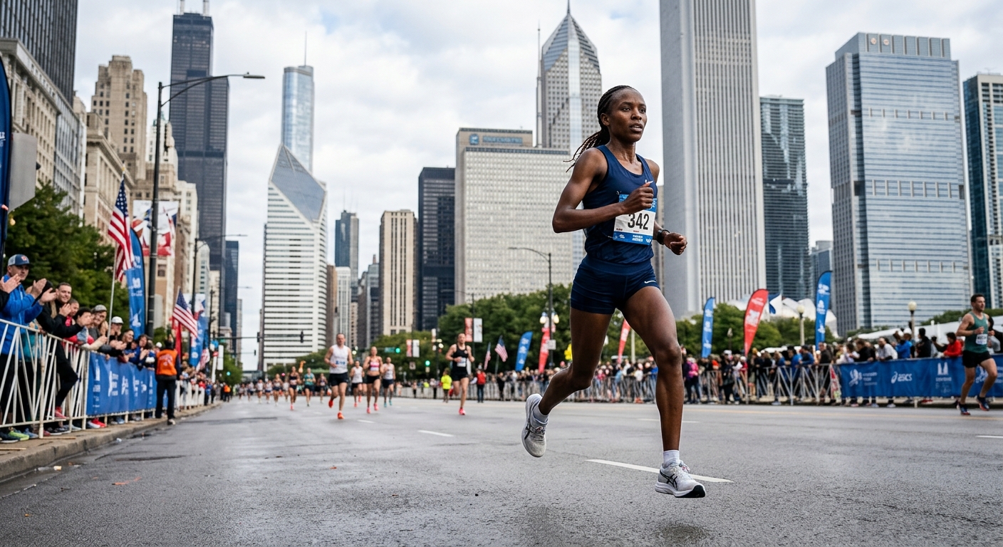 an elite female marathon runner mid-stride on a wide asphalt city street, wearing athletic running gear, with a backdrop of tall steel and glass skyscrapers typ