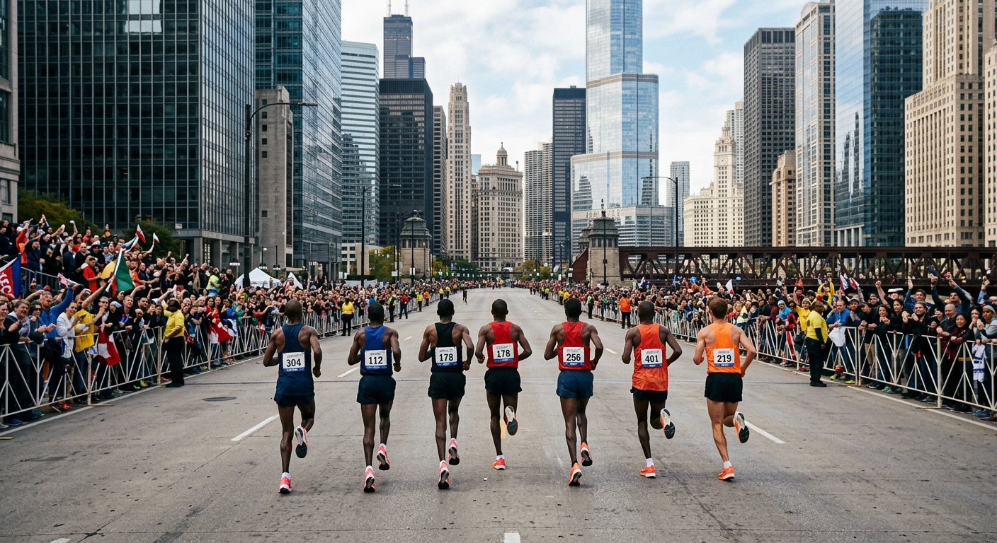 the backs of several elite marathon runners moving fast down a wide urban avenue, surrounded by crowds of spectators, towering glass skyscrapers, and steel brid