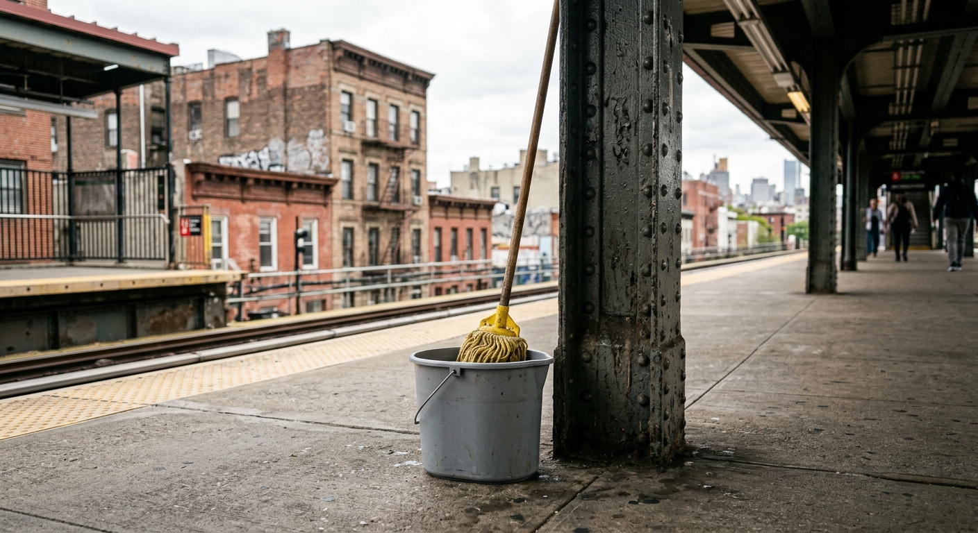 an unattended unmarked cleaning bucket and mop resting against a riveted steel pillar on an elevated public transit train platform, with urban brick buildings i