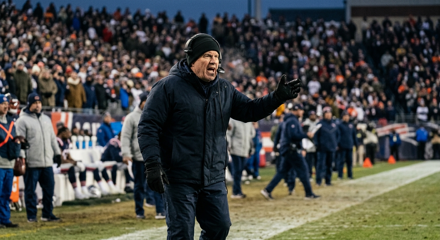 an American football coach wearing a winter jacket and a headset, showing visible frustration and yelling while standing on a grassy stadium sideline during a c