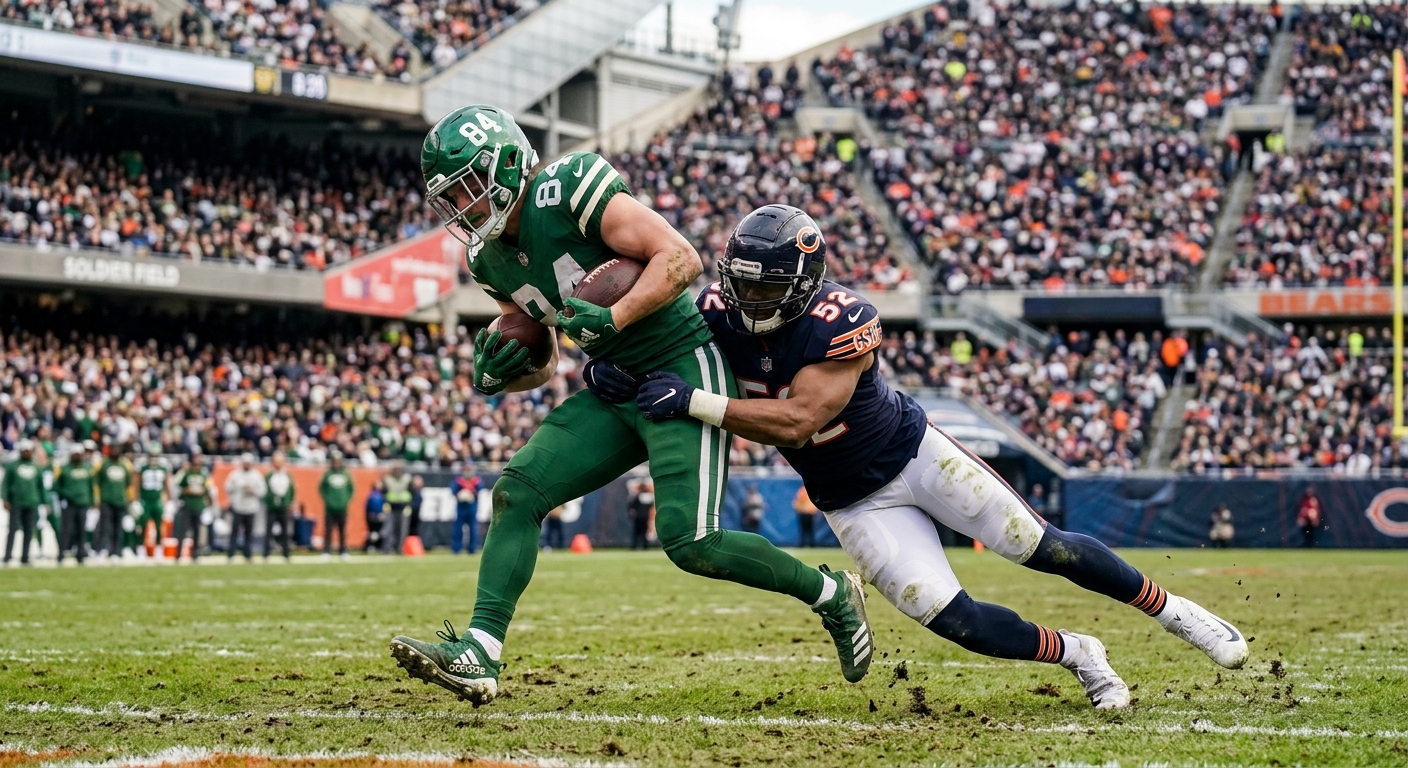two American football players, one wearing a green uniform and the other wearing a navy blue uniform, colliding during a tackle on a natural grass field in a la