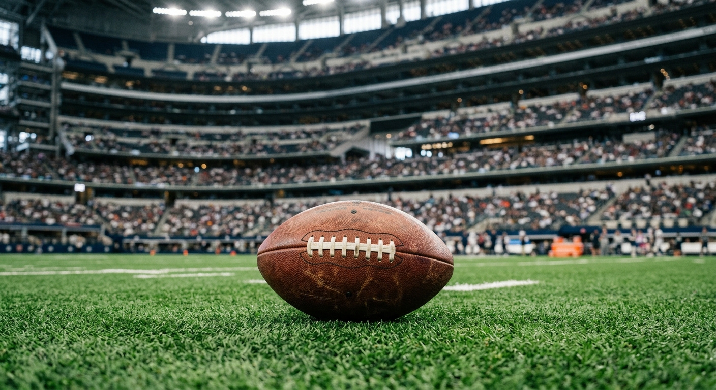 an American football resting on the green artificial turf of a large indoor stadium, with out-of-focus stadium seating in the background, natural everyday light