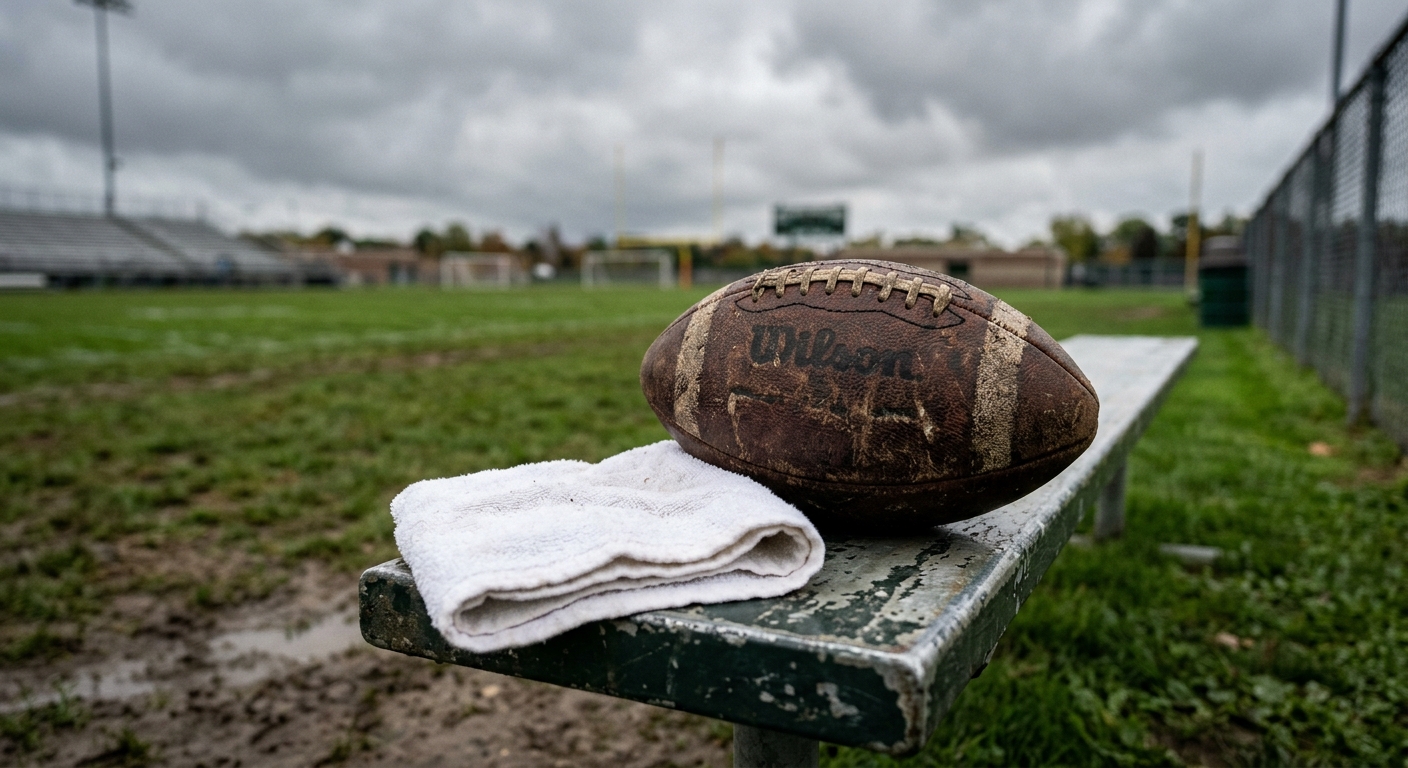 a worn American football and a folded white towel resting on a metal sideline bench at an outdoor grass stadium on an overcast day, natural everyday lighting, s