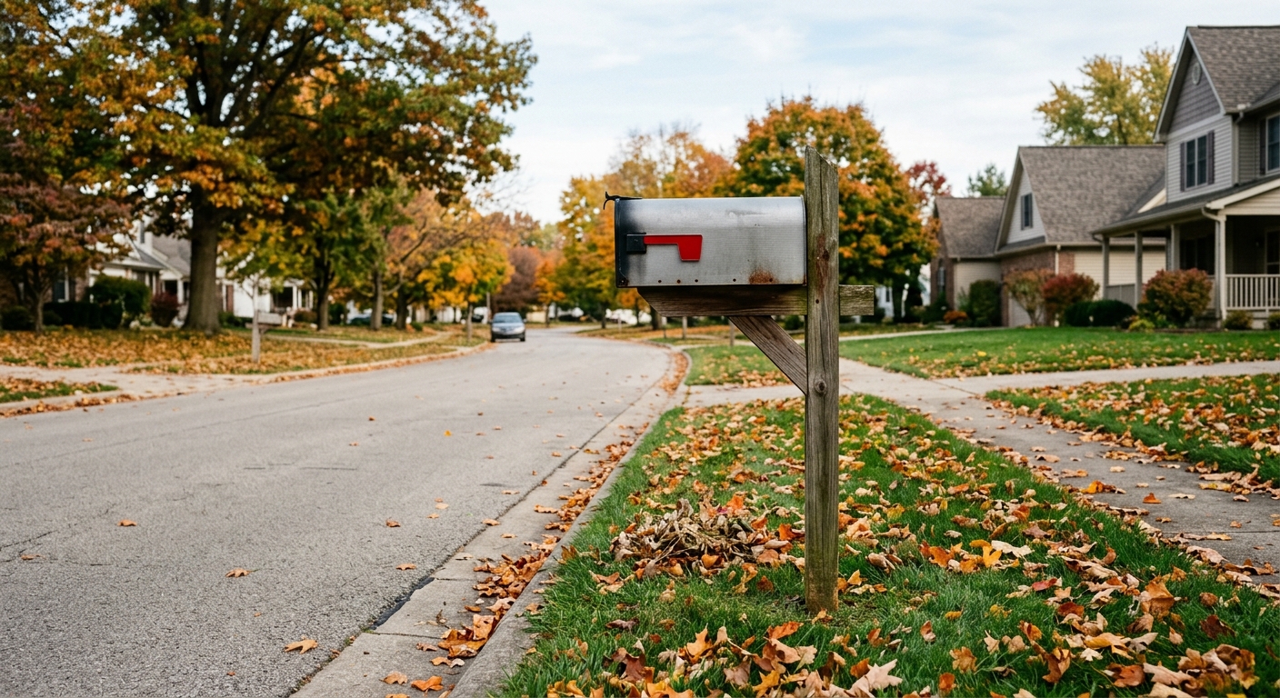 a standard metal curbside mailbox with its flag down, sitting empty on the edge of a quiet residential street lined with scattered autumn leaves on the grass, c