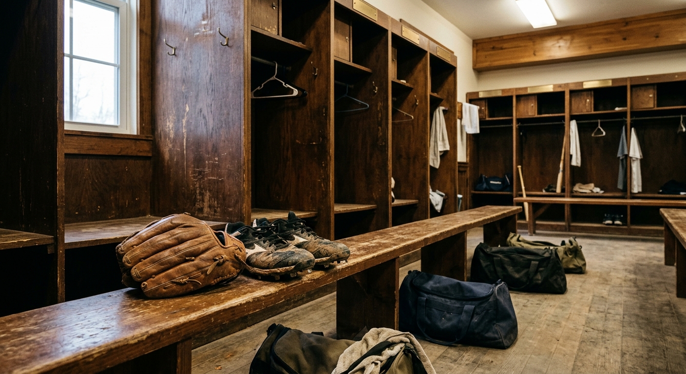 a quiet baseball clubhouse locker room with wooden stalls, a worn leather baseball glove resting next to dirt-stained cleats on a bench, a few generic sports du