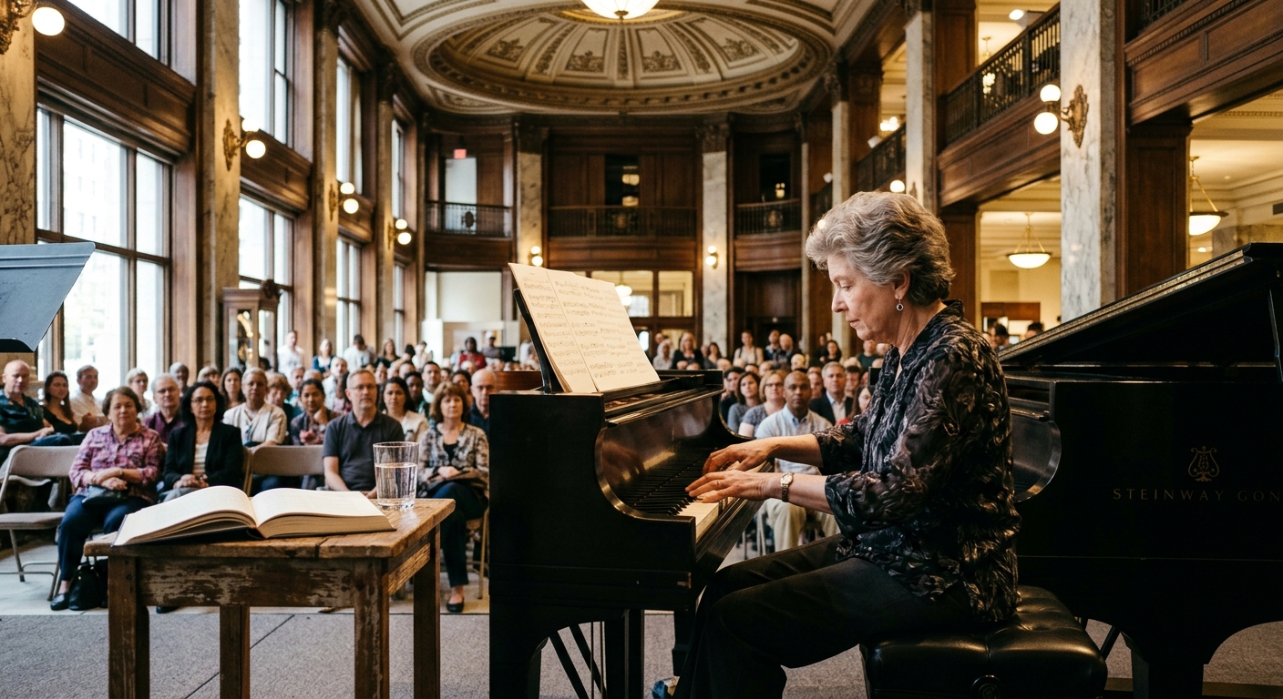 an older female musician playing a grand piano during an intimate daytime performance inside a historic, ornate department store in downtown Chicago, an open ha