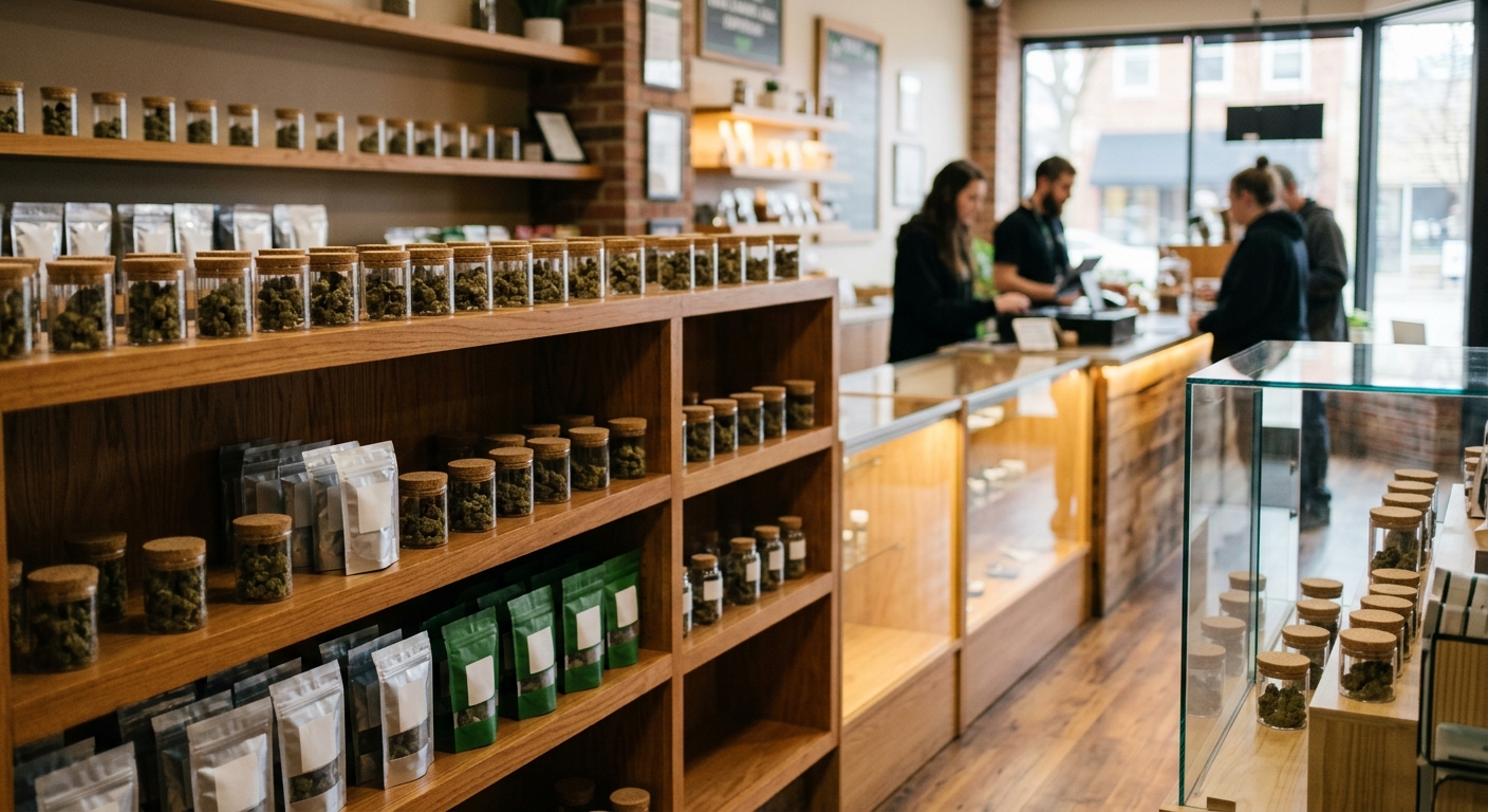 the interior of a modern legal cannabis dispensary in a midwestern commercial district, featuring plain glass display cases filled with small glass jars and sea