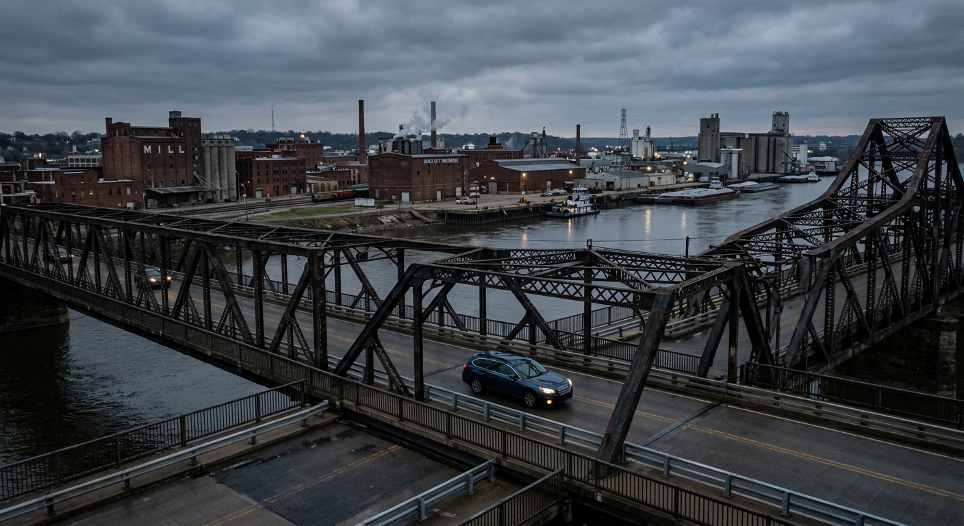 a passenger car driving across a historic steel truss bridge spanning a wide river, with midwestern industrial riverfront architecture in the background under a