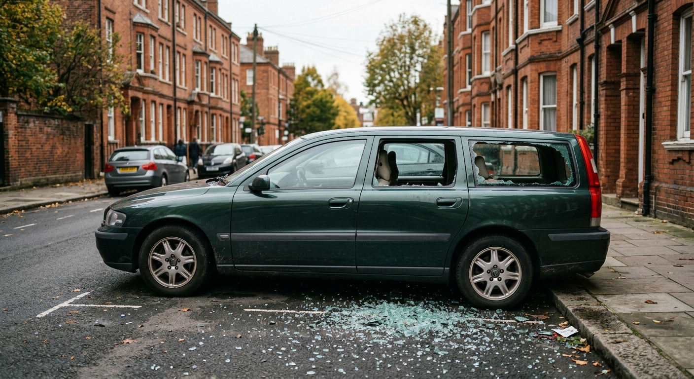 a parked car with a shattered passenger-side window on a typical urban street lined with tall brick residential buildings, broken glass scattered on the asphalt