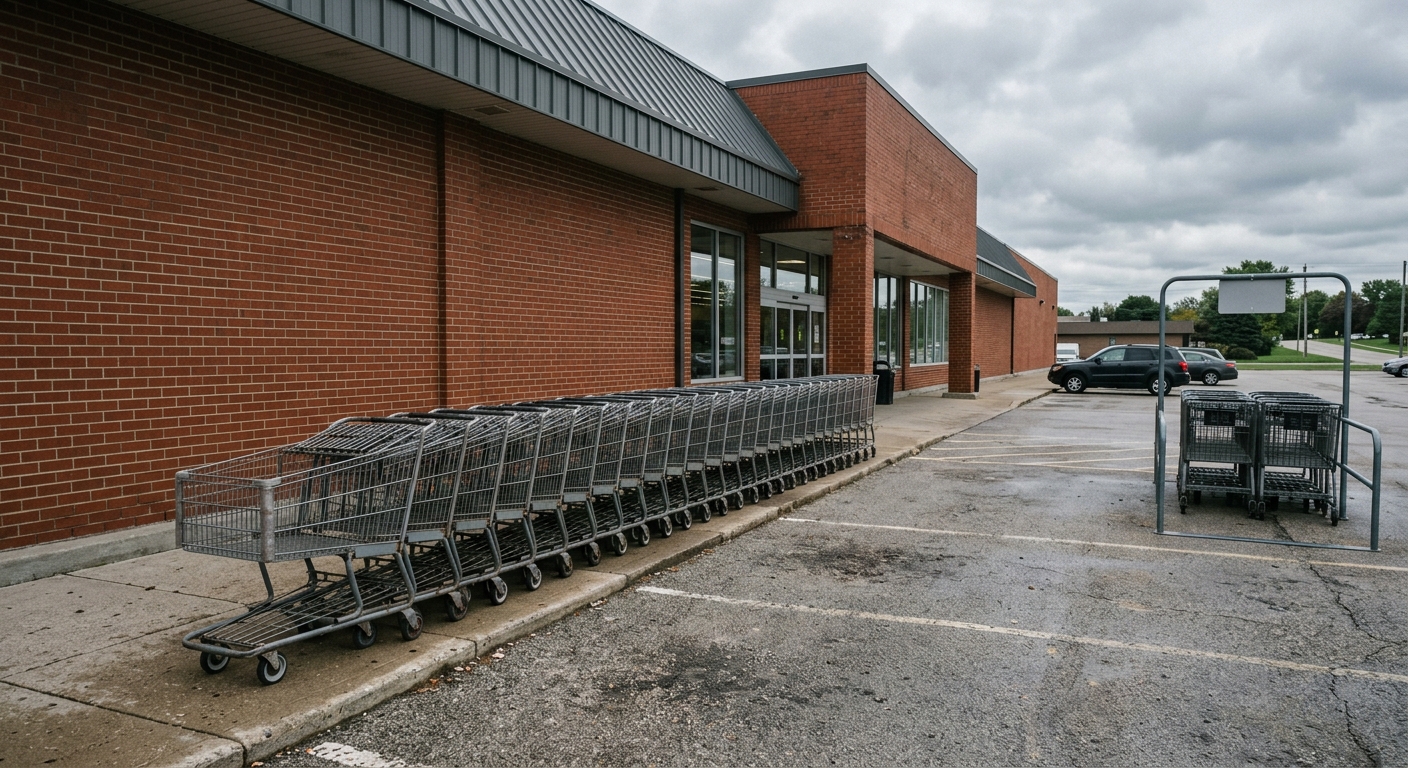 an empty row of metal shopping carts lined up on an asphalt parking lot outside a generic red-brick supermarket under a cloudy midwestern sky, natural everyday