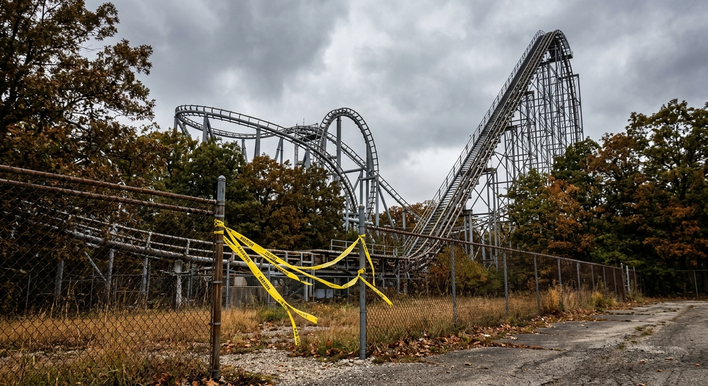 an empty steel roller coaster track looming against an overcast sky, with plain yellow caution tape tied to a chain-link fence near the ride's entrance, surroun