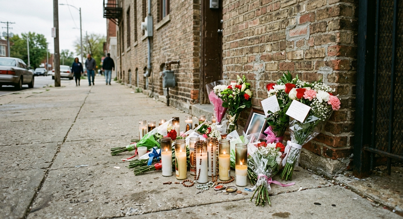 a makeshift sidewalk memorial consisting of lit prayer candles, rosaries, and small bouquets of flowers resting on a concrete pavement next to a brick building