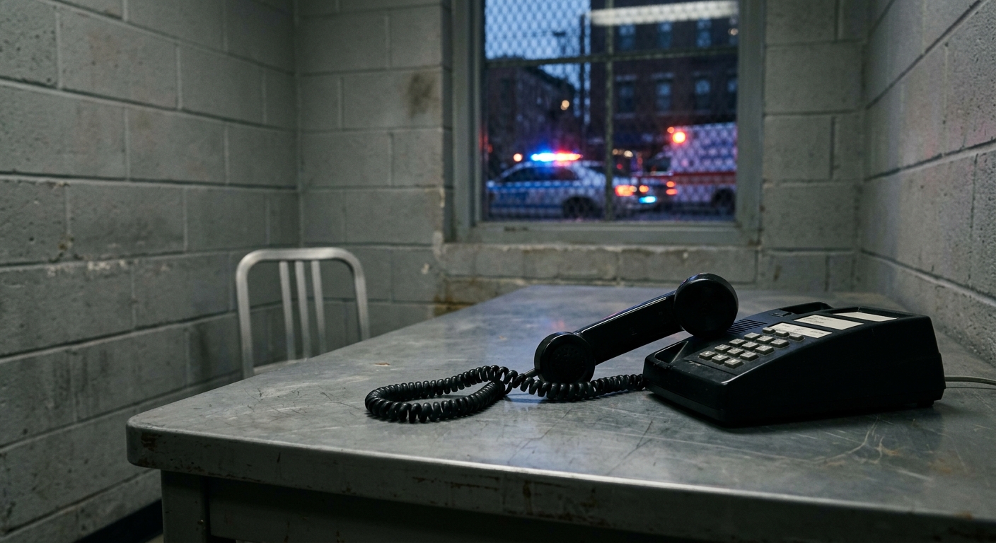 a black landline telephone receiver resting off the hook on a gray metal desk in a stark cinderblock institutional room, with the blurred red and blue lights of