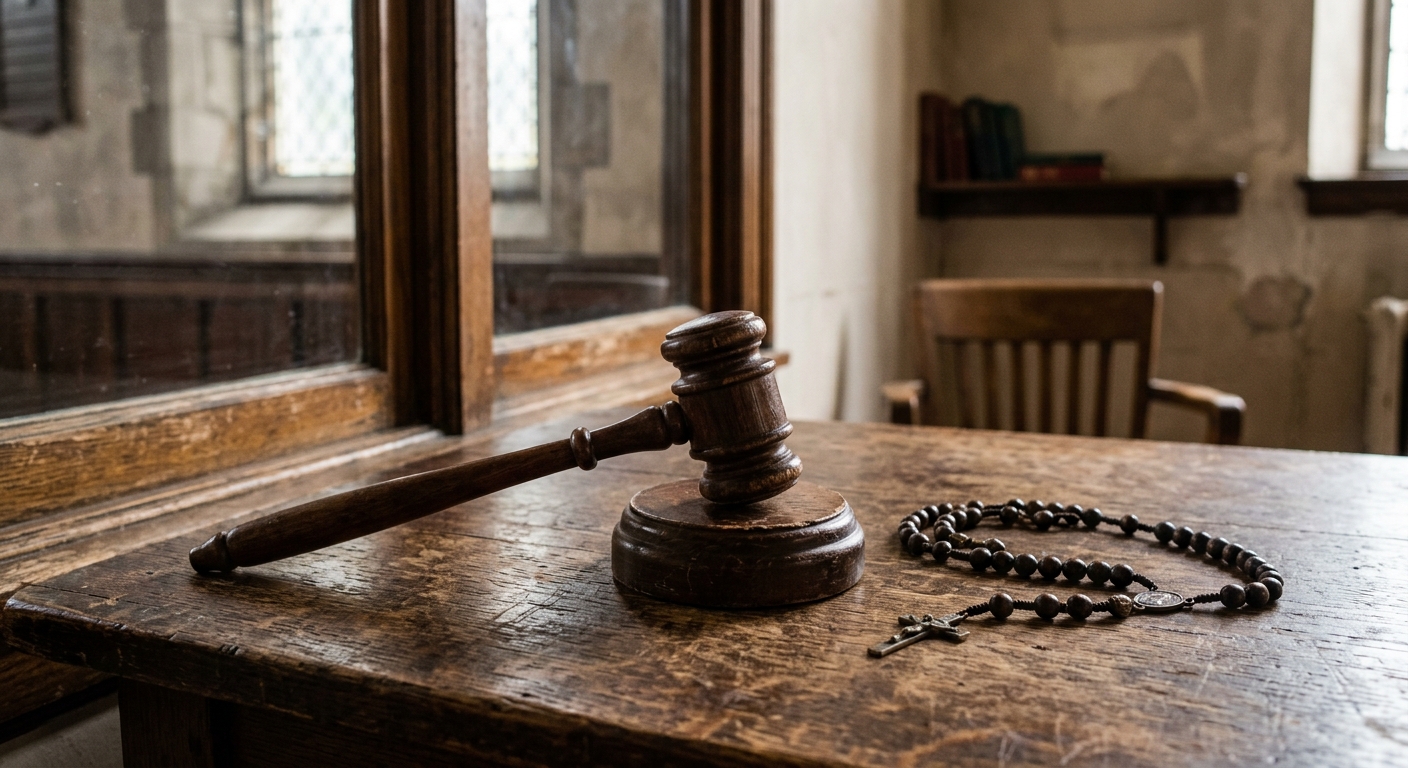 a wooden gavel resting next to a traditional beaded rosary on a worn oak table inside an old urban parish building, natural everyday lighting, shot on a DSLR ca