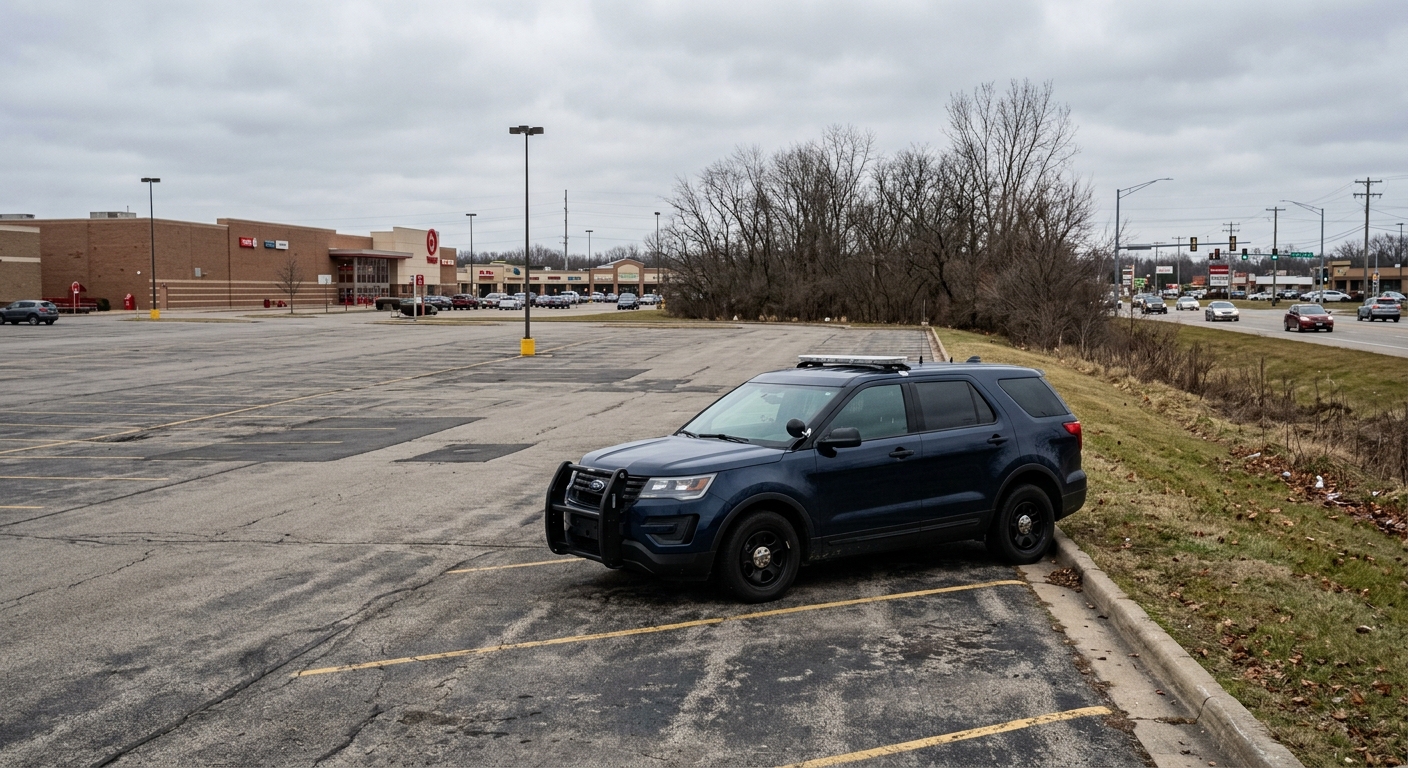 a local law enforcement vehicle parked on the edge of a large asphalt parking lot in a typical Midwestern suburban commercial area on a cloudy afternoon, natura