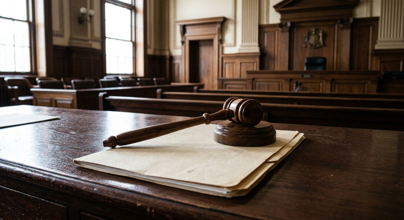 a wooden gavel resting on a closed manila file folder on a dark mahogany desk in an empty, traditional courtroom with wood paneling, natural everyday lighting,