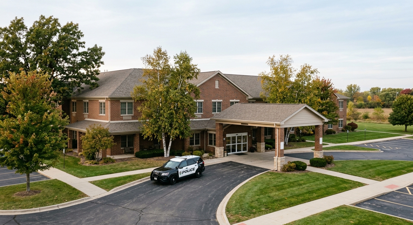 the exterior of a suburban brick assisted living facility with a police cruiser parked near the front entrance, featuring a covered drop-off area, mature trees,
