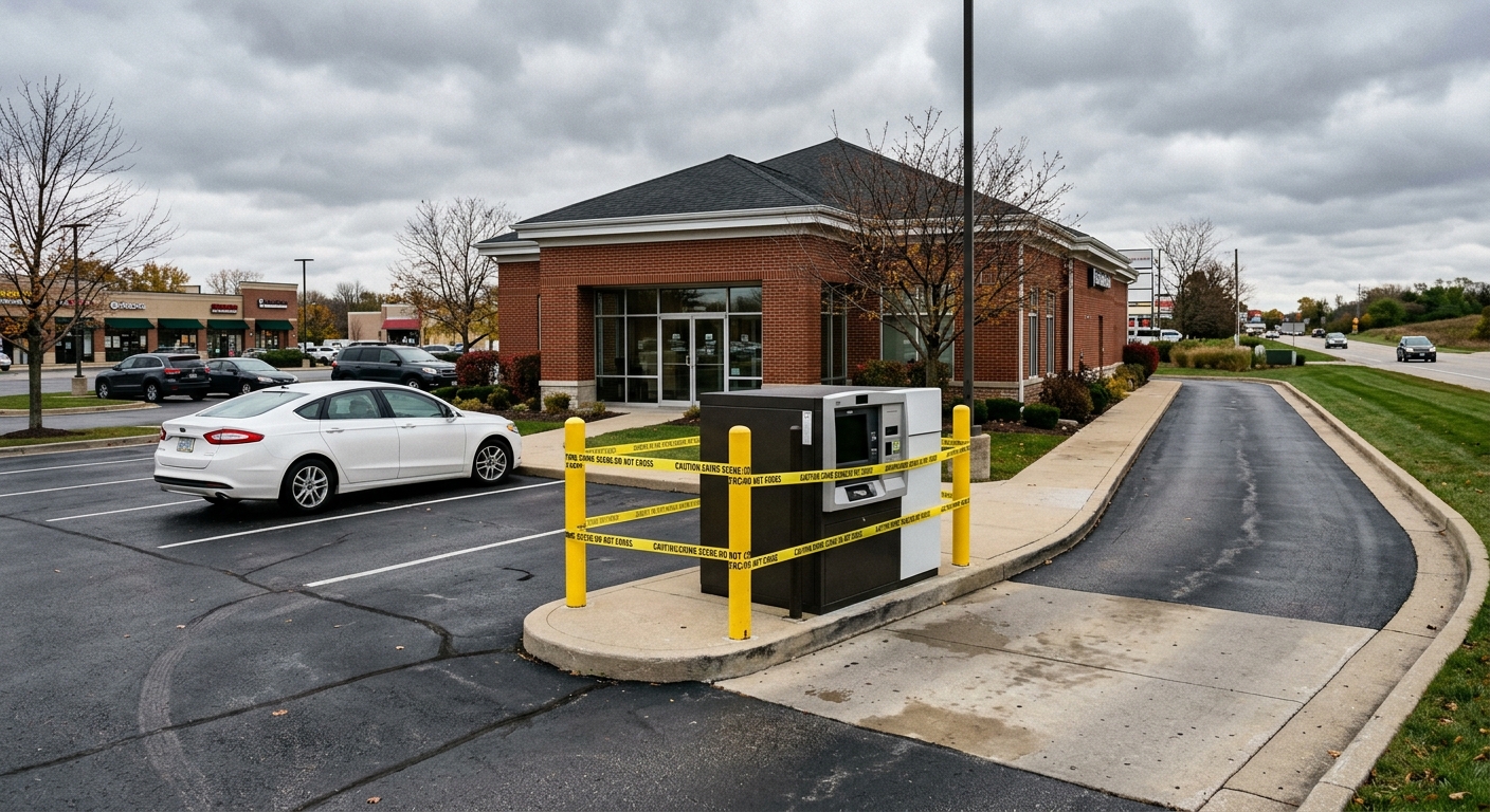an outdoor drive-up cash machine at a suburban brick bank branch surrounded by solid yellow barrier tape, an empty white sedan parked nearby, set in a typical m