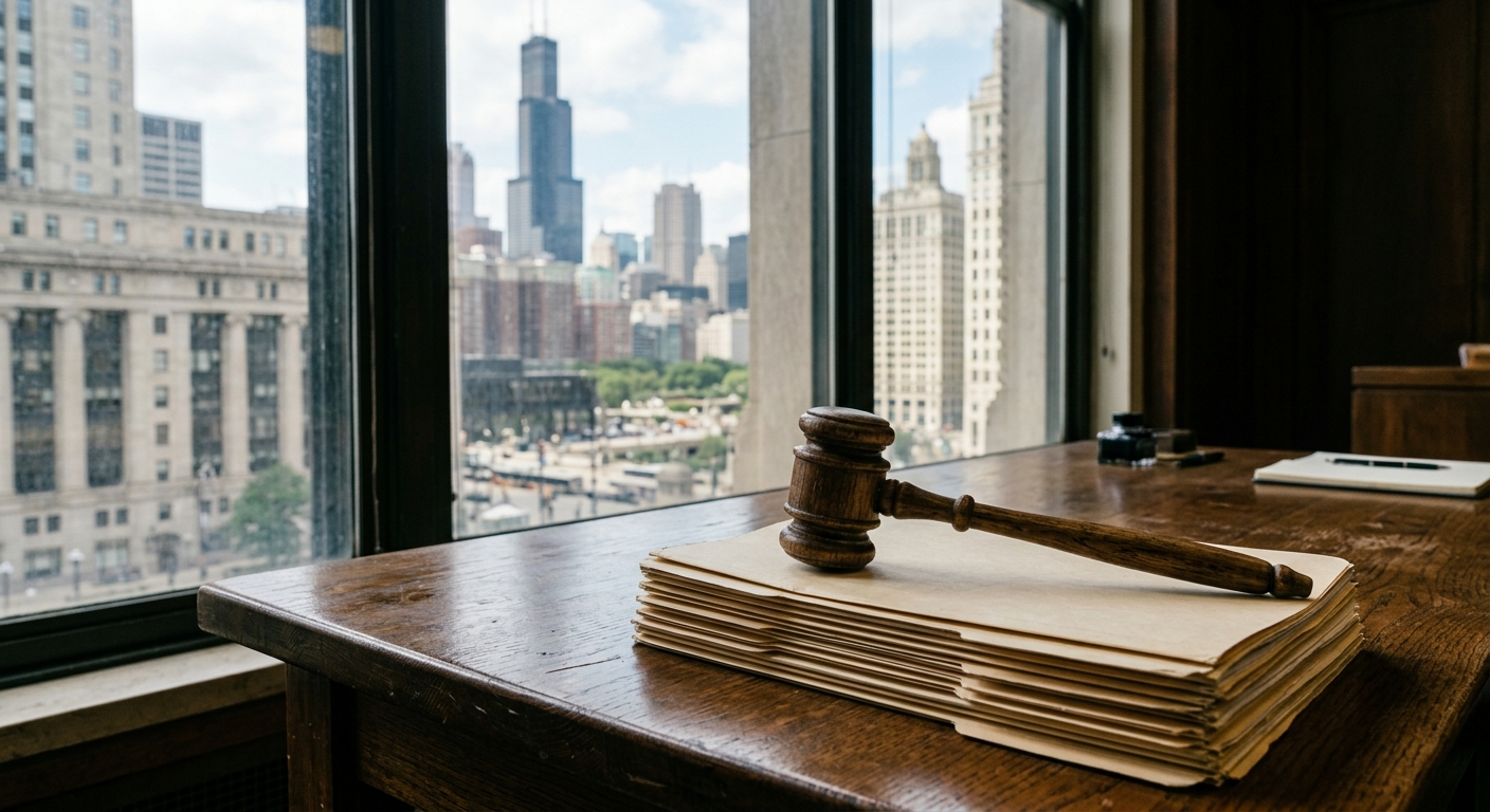 a wooden judge's gavel resting on a stack of plain manila folders on a large wooden desk, with a slightly blurred window view of classic stone municipal buildin