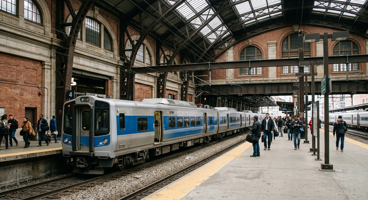 a sleek, modern single-level commuter train stopped at a concrete platform inside a large urban railway terminal with steel canopy structures and brick architec