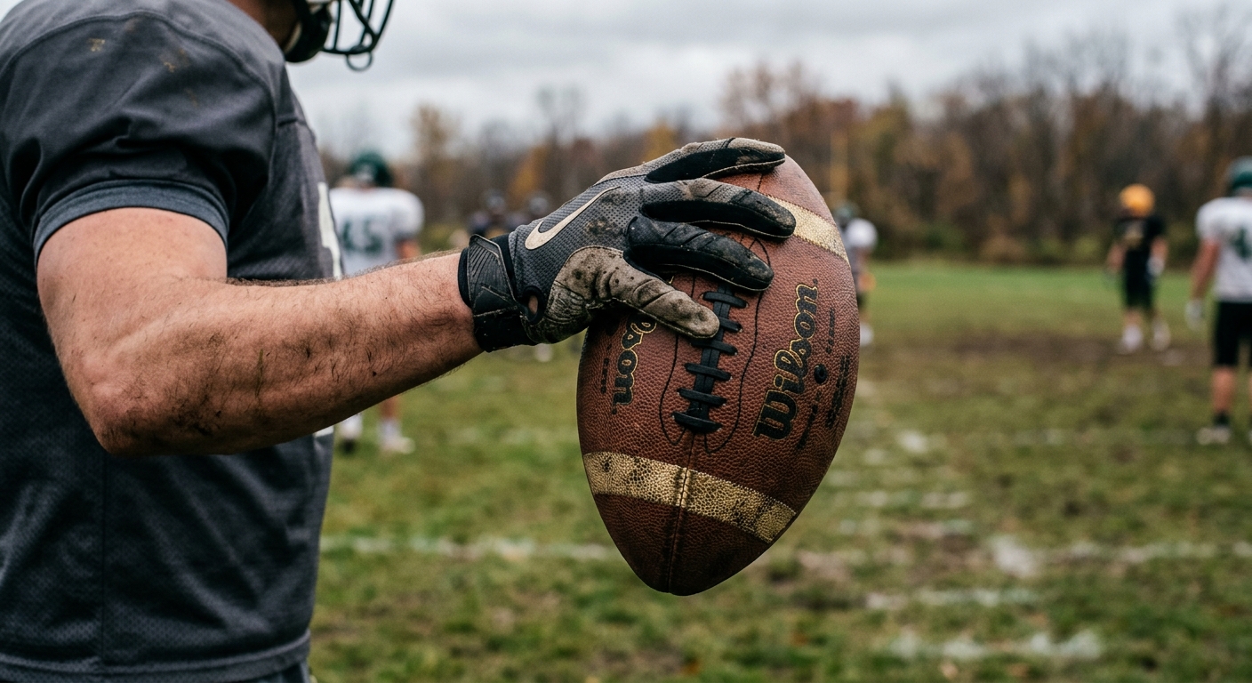 a close-up of a player's left hand gripping an American football tightly, preparing to throw a pass on an outdoor grass practice field with faded white boundary