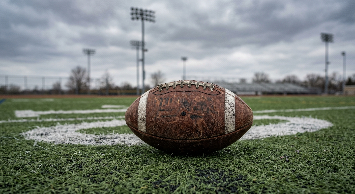 a worn American football resting on the artificial turf of an outdoor practice field, showing faded white yard lines, with blurred stadium light towers and an o