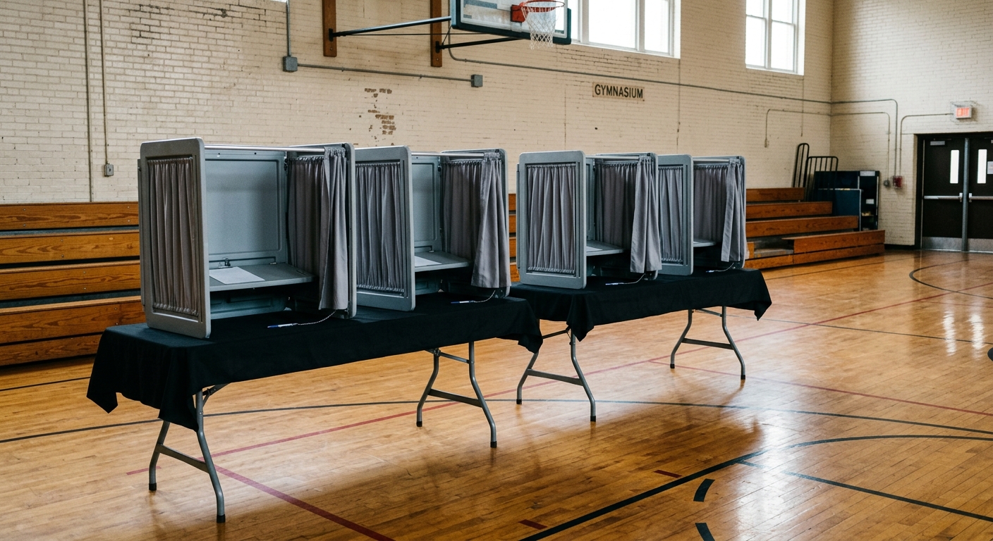empty portable voting privacy booths set up on folding tables inside a local school gymnasium with polished wooden floors and painted brick walls, natural every
