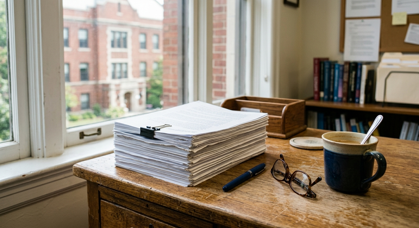 a thick stack of printed documents next to a pen, a pair of reading glasses, and a ceramic coffee mug on a wooden desk in an academic office, with a blurred vie