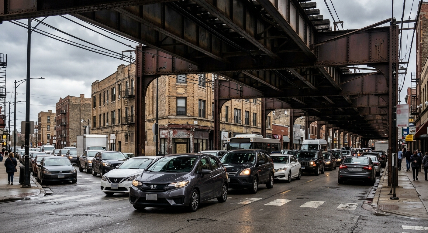 a modern compact car waiting in heavy stop-and-go traffic on a city street under a heavy steel elevated train track structure, brick buildings in the background