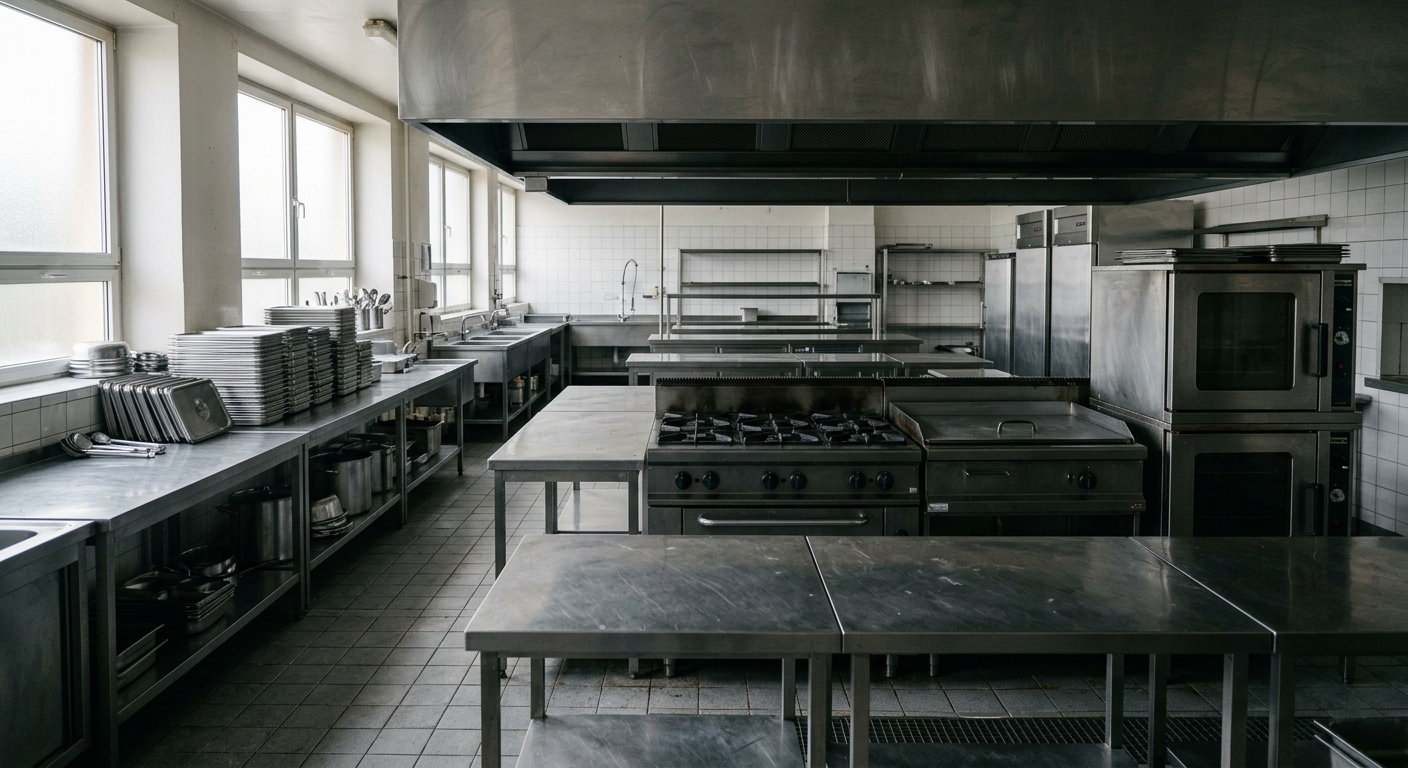 an empty institutional hospital kitchen featuring dull stainless steel countertops, heavy-duty cooking equipment turned off, and stacked metal food trays left u