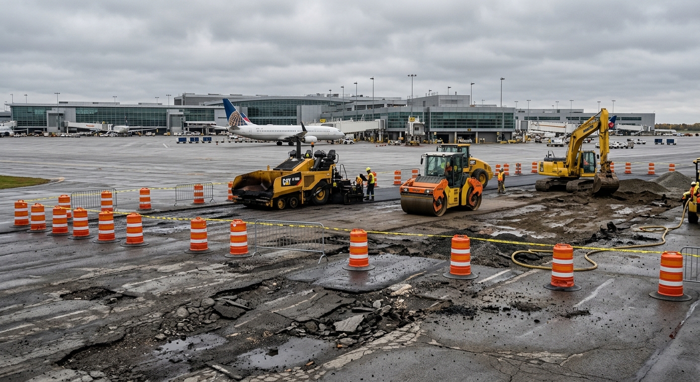 a damaged asphalt airport runway blocked off by orange construction barrels and heavy paving equipment, with a distant commercial airplane parked at a terminal