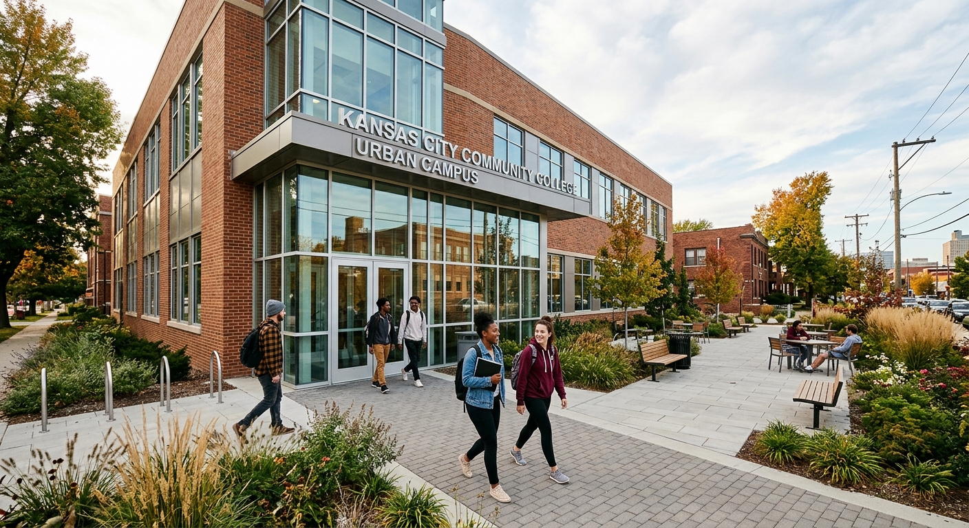 the exterior of a newly renovated brick and glass community college building in a Midwestern urban neighborhood, featuring a spacious outdoor patio, fresh lands