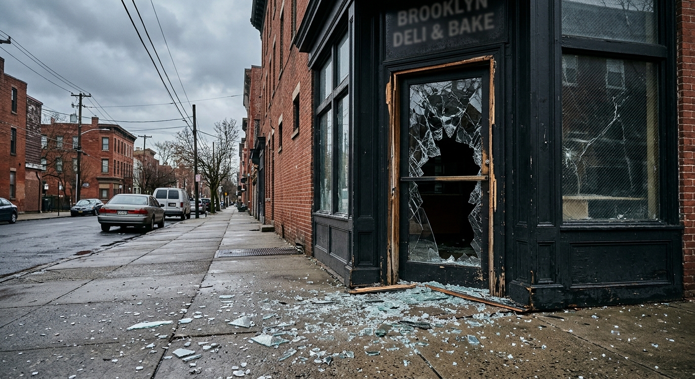 a shattered glass door of a commercial brick storefront on an urban street, shards of broken glass scattered across the concrete sidewalk next to a damaged entr