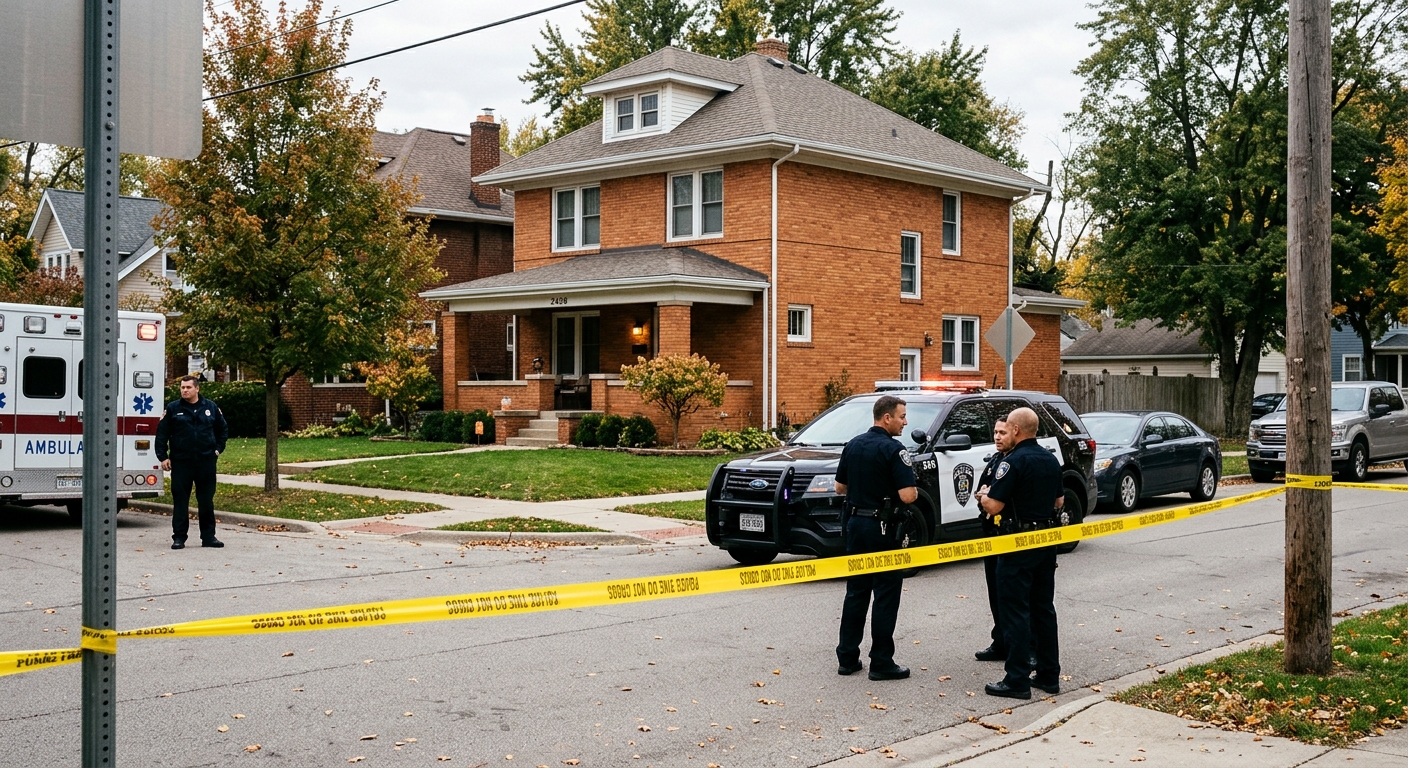 a police vehicle parked outside a Midwestern brick residential home, yellow police tape stretched across the foreground, first responders standing near the peri