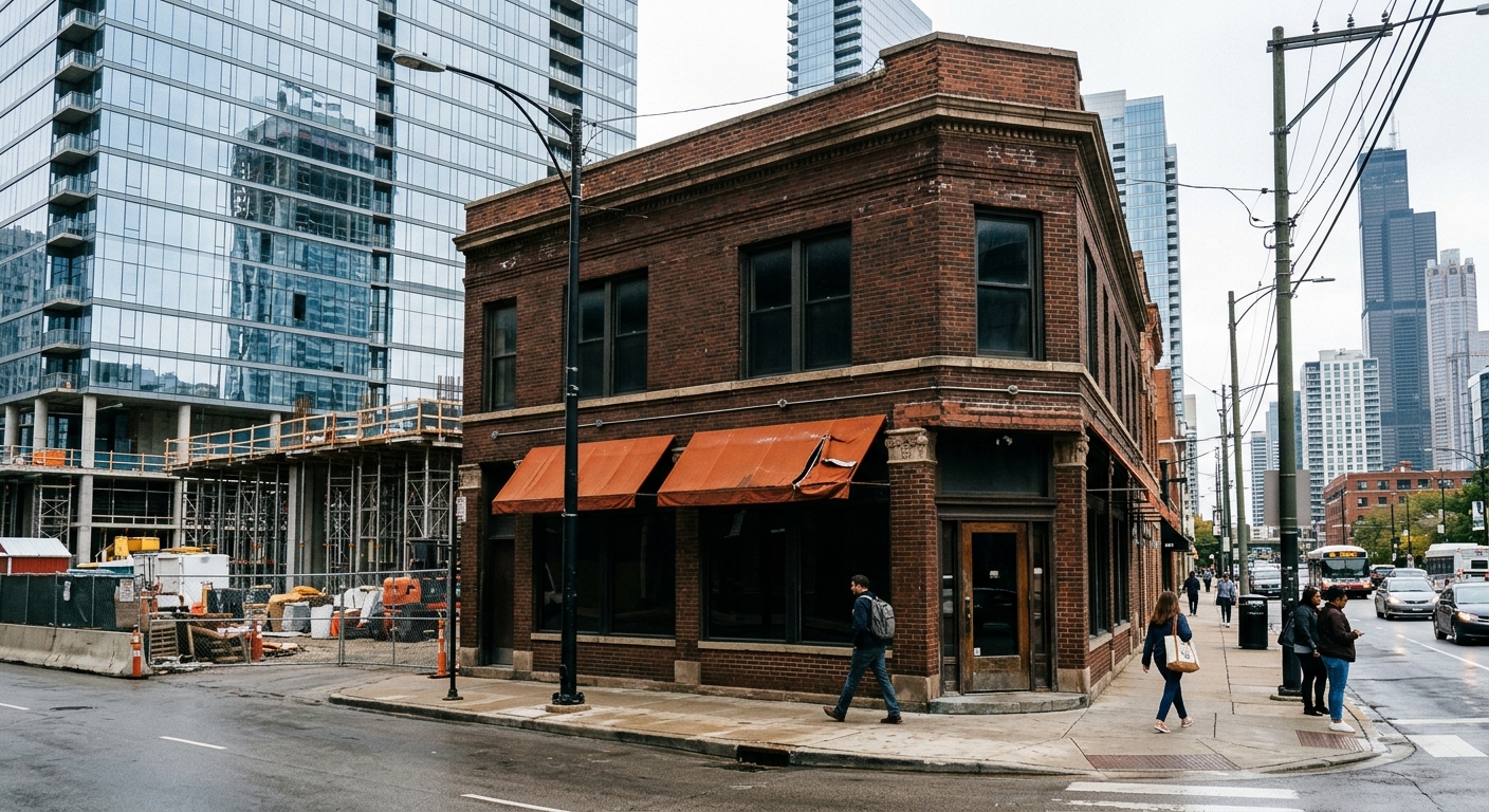 a closed-down brick corner restaurant with dark windows and folded orange awnings on a city street, surrounded by modern glass high-rises and urban construction