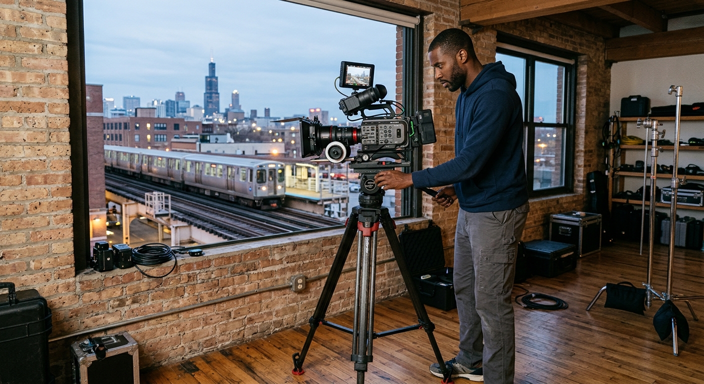 a tall Black man in casual clothing adjusting a heavy professional video camera on a tripod inside an exposed brick loft space overlooking an elevated train tra