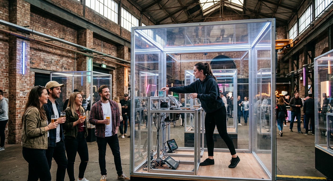 a large entertainment venue inside an industrial brick space featuring several large, transparent glass cubes