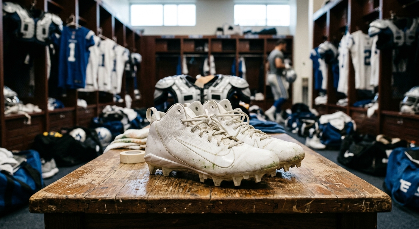 a pair of white American football cleats sitting on a wooden bench inside a professional sports locker room, with athletic gear hanging in the blurred backgroun