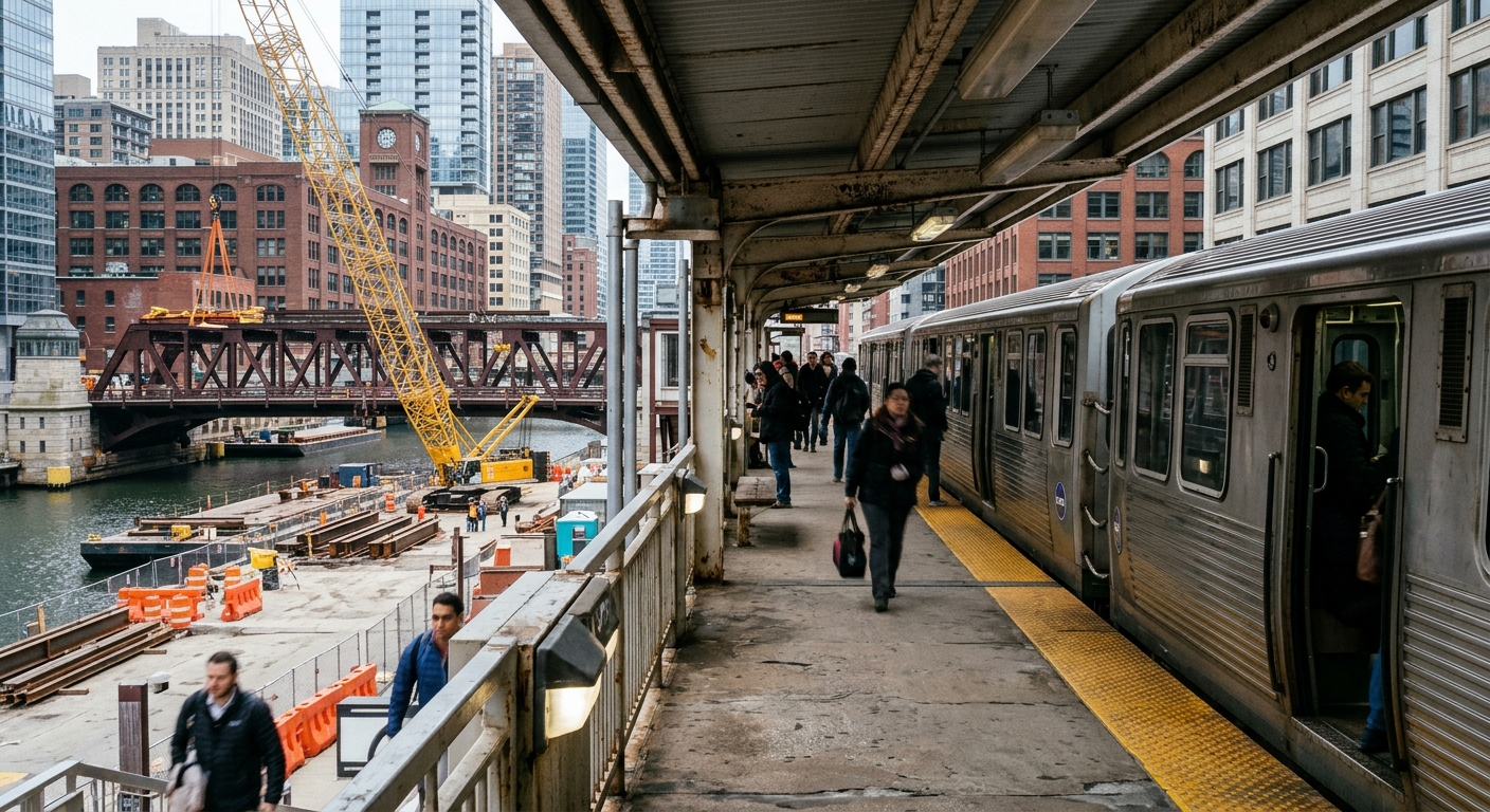 a metal elevated transit train stopped on a weathered platform in a dense urban downtown, with orange construction barricades and a crane working on a steel riv